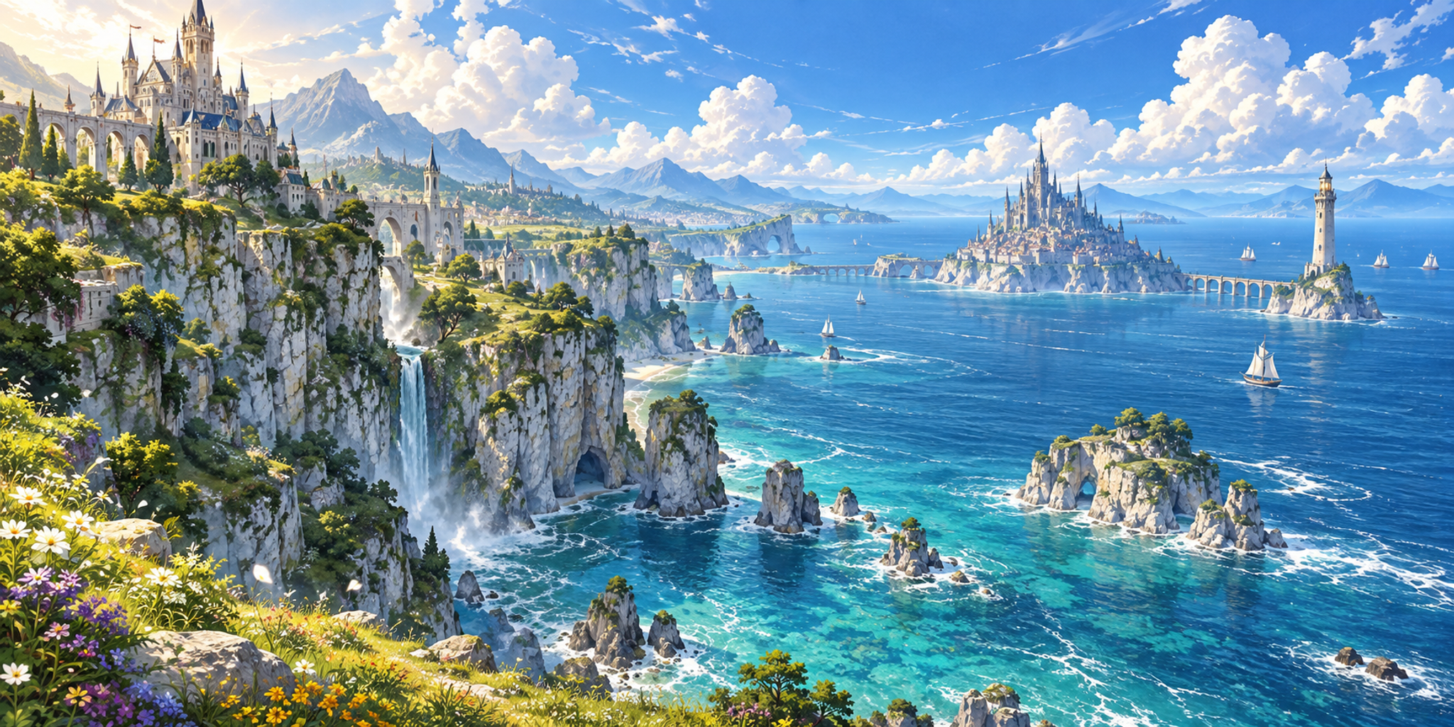 Coastal cliffs and a distant lighthouse in Farwatch